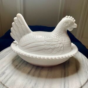 White Milk Glass Hen on Nest Dish Vintage Indiana Glass